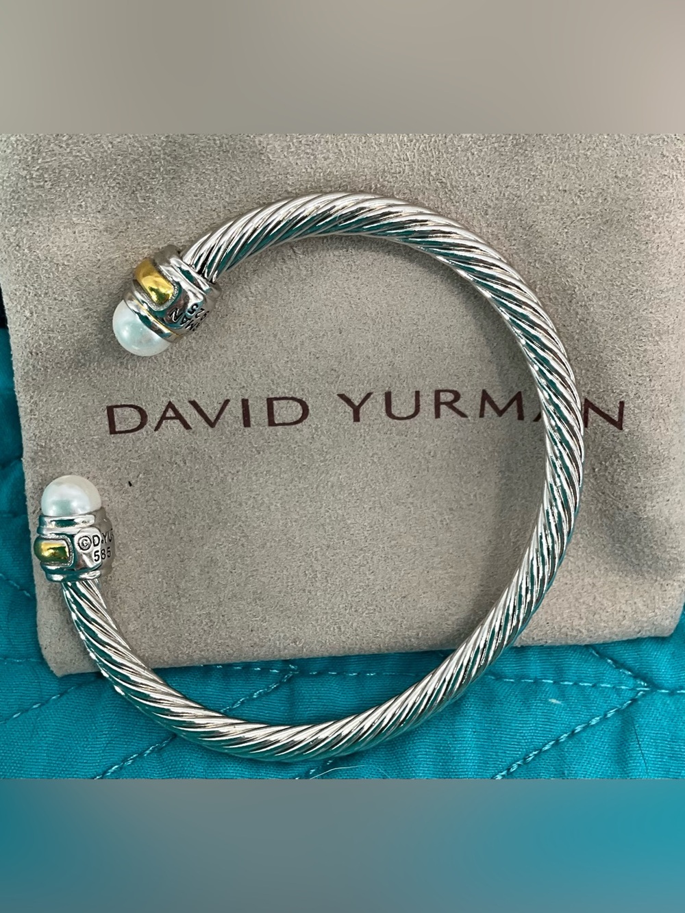 David Yurman Silver Cable Bracelet with Pearl and Gold Accents